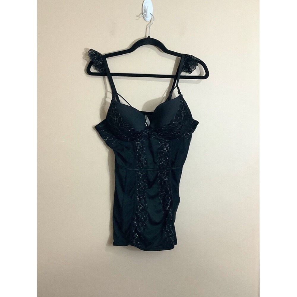 Womens Corset Top Size XL Black Silver Lace Metallic Shimmer Strappy Stretch